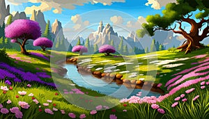 Vector illustration of a landscape with a field of blooming bright flowers, distant misty mountains on the horizon