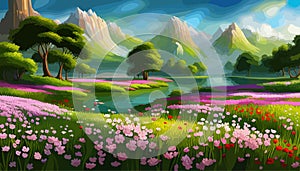 Vector illustration of a landscape with a field of blooming bright flowers, distant misty mountains on the horizon