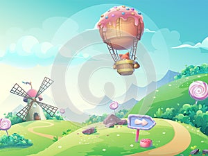 Vector illustration landscape with fox in blimp photo