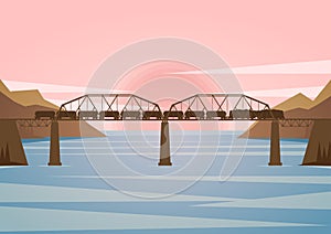 Vector illustration: Landscape with railway bridge on the sunset background