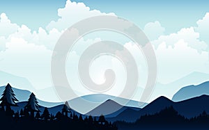 Vector illustration, Landscape view with the sky, clouds, mountain peaks, and forest. for the website background