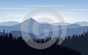Vector illustration, Landscape view with sunset, sunrise, the sky, clouds, mountain peaks, and forest. for the website background photo