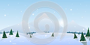 Vector illustration. Landscape of winter mountains with pines and hills. Background with falling snow