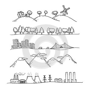 Vector illustration of landscapes. Doodles hand-drawn style.