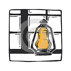 Vector illustration of lantern on window in linocut style. Hand drawn sketch of kerosene lamp in forest cabin