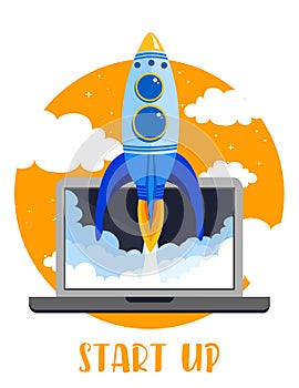 Vector illustration of Laptop with Rocket quick Start up business concept in flat style.