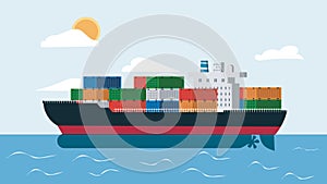 A vector illustration of a large cargo ship loaded with multicolored shipping containers sailing across the ocean.