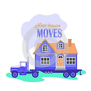 Vector illustration of a large truck carrying a country house, service for moving a house