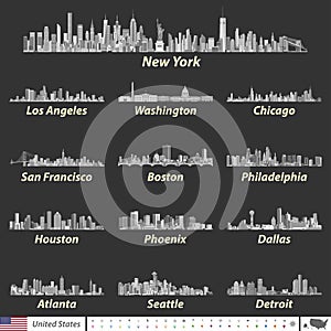 Vector illustration of largest United States city skylines in black and white color palette. Navigation, location and travel icons