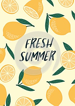 Vector illustration with lemons. Summer holliday, juice, fruit, citrus.