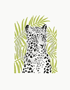 Vector illustration of leopard portrait in linocut style isolated on white. Hand drawn sketch of stylized jaguar for print.