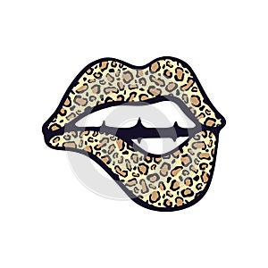 Vector illustration of leopard print lips parted with teeth bitten. Isolated color icon . photo