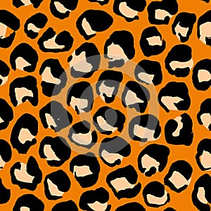 Vector illustration leopard print seamless pattern. Orange hand drawn background.