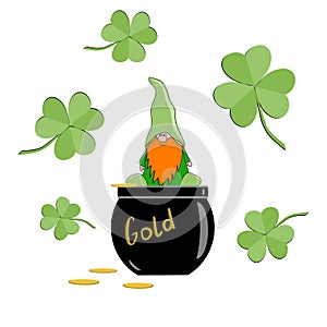 Vector illustration with leprechaun and a pot of gold