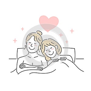 Vector illustration of  a lesbian couple snuggling up in bed  LGBTQ