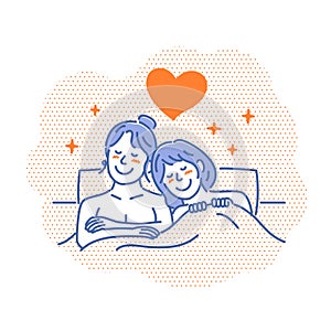 Vector illustration of  a lesbian couple snuggling up in bed  LGBTQ