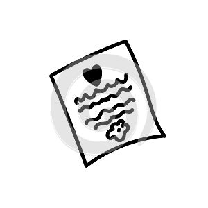 Vector illustration of a letter with heart for Valentine`s Day with a black line on an isolated background