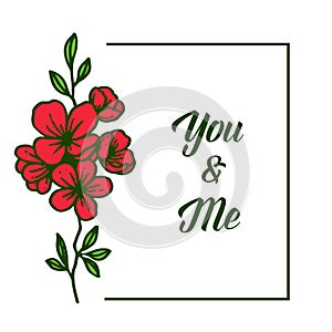 Vector illustration letter you and me with various pattern red flower frame