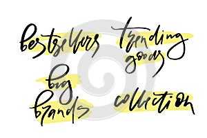 Vector illustration of lettering or calligraphy of words bestsellers big brands trending goods collection. Banner for homepage, em