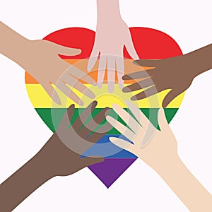 Vector illustration of the LGBT community. Hands of different colors on a rainbow heart. LGBTQ symbolism and colors. Human rights