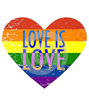 Vector illustration for LGBT or LGBTQI community Pride month: Rainbow flag in a distressed heart shape and text Love is Love.