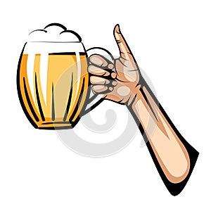 Vector illustration of light beer mug in hand, isolated on white background