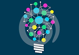 Vector illustration of light bulb with network of different objects or ideas. Concept of ideation or creativity.