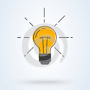 Vector illustration. Light bulb with rays shine. line art flat design. Energy and idea symbol
