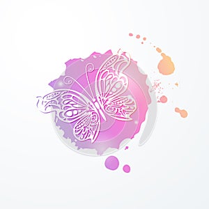 Vector illustration of light lacy abstract butterfly on pink rainbow watercolor stain.