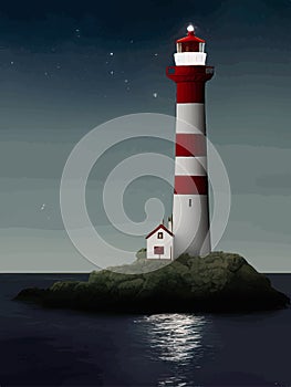 Vector illustration lighthouse in night sea. Lighthouse by sea with mountains