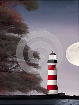 Vector illustration lighthouse in night sea. Lighthouse by sea with mountains