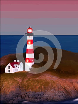 Vector illustration lighthouse in night sea. Lighthouse by sea with mountains