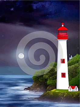 Vector illustration lighthouse in night sea. Lighthouse by sea with mountains