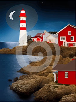 Vector illustration lighthouse in night sea. Lighthouse by sea with mountains
