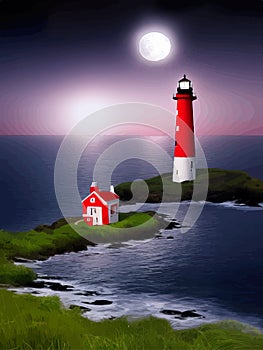 Vector illustration lighthouse in night sea. Lighthouse by sea with mountains