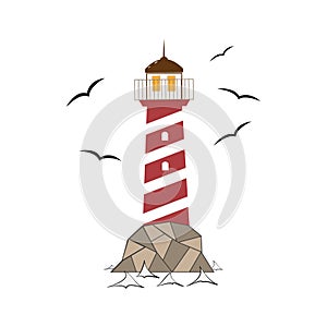 Vector illustration of a lighthouse on a rock. Seagulls and waves of the sea. Insulation over white. Sign, symbol