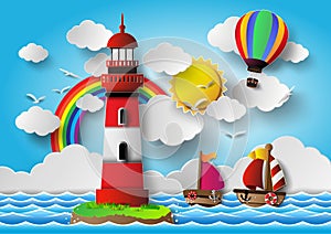 Vector illustration lighthouse with seascape.