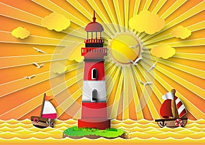 Vector illustration lighthouse with seascape