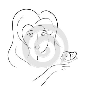 Vector illustration line art beautiful young woman looking on butterfly sitting on her hand