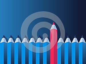 Vector illustration of line of blue pencils and one red pencil. Business concept for ideation, creativity, brainstorming, cost red