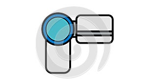 Vector illustration of a linear color flat icon digital video camera with a retractable screen for video