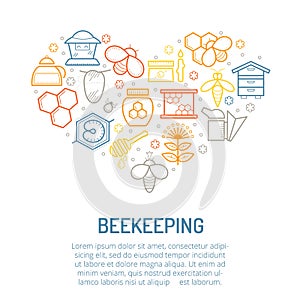 Vector illustration with linear colorful honey and beekeeping icons