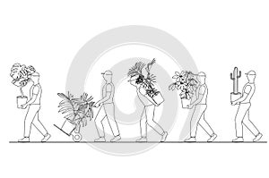 Vector illustration of a linear silhouette of a group of workers carrying houseplants in pots, moving to a new house, movi