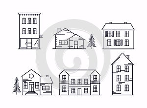 Vector illustration in linear style. Icons and illustrations with buildings, houses and trees. Ideal for business web publications