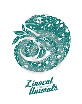 Vector illustration of linocut chameleon