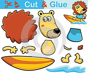 Vector illustration of lion cartoon surfboarding. Education paper game for children. Cutout and gluing