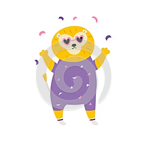Vector illustration of a lion dancing in disco glasses and cool costume