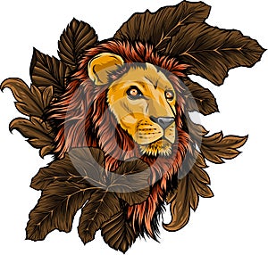 vector illustration of lion head surrounded by tropical plants leaves photo