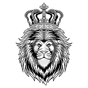 Vector illustration Lion`s head with king`s crown black and white