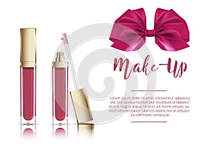 Vector illustration of liquid lipstick with ribbon bow. Cosmetic make up banner.
